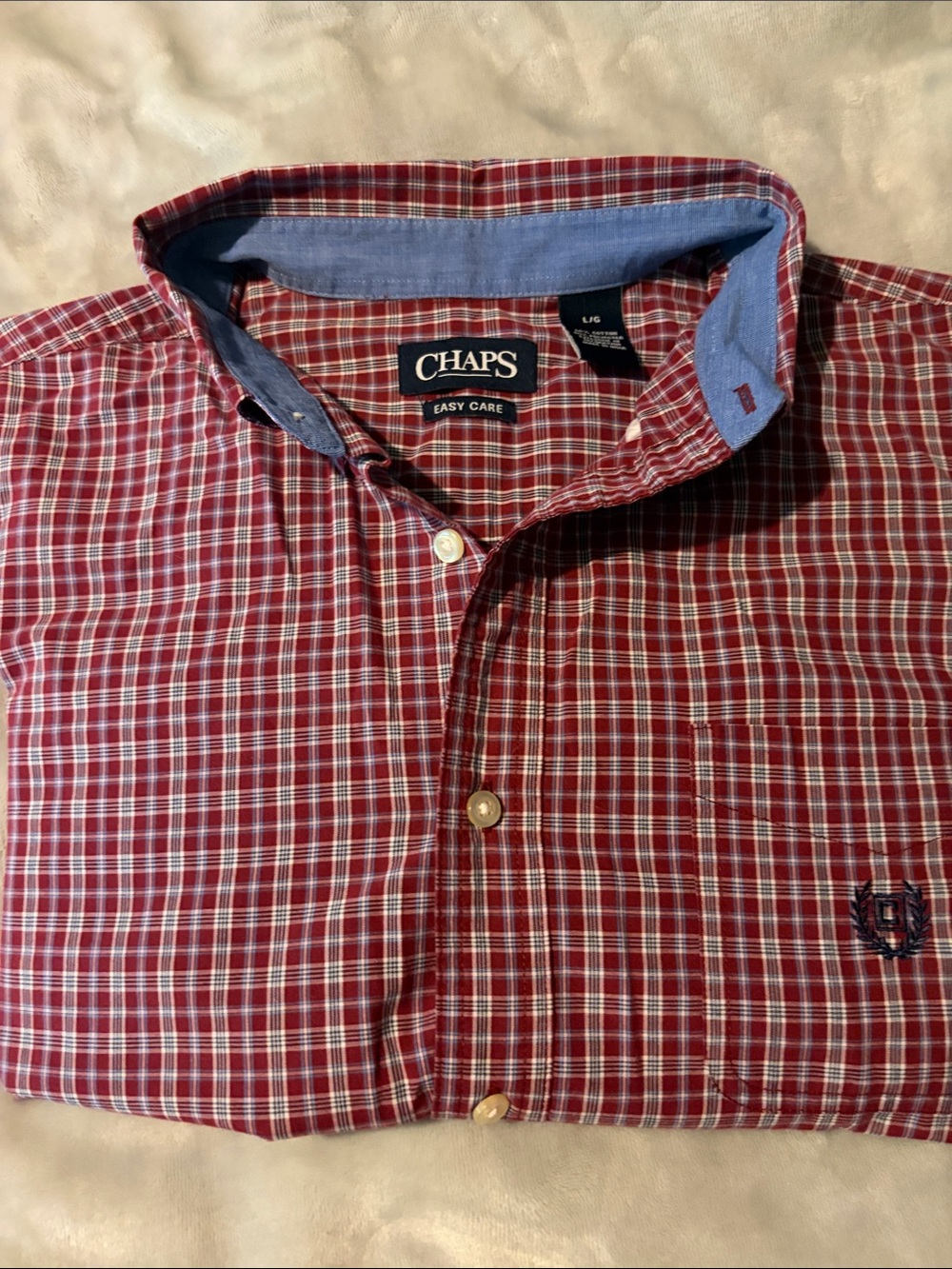 Chaps Men’s Red Plaid Button-Down Shirt with Blue Contrast Collar